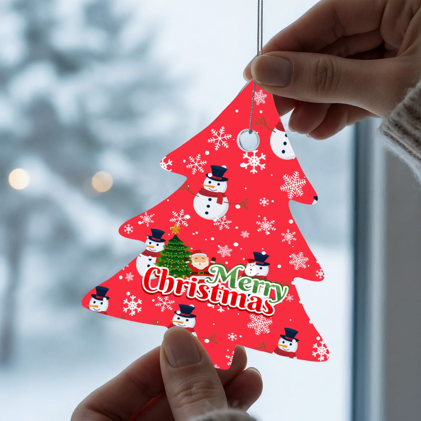 Merry Christmas Ornament Featuring Snowmen And Snowflakes