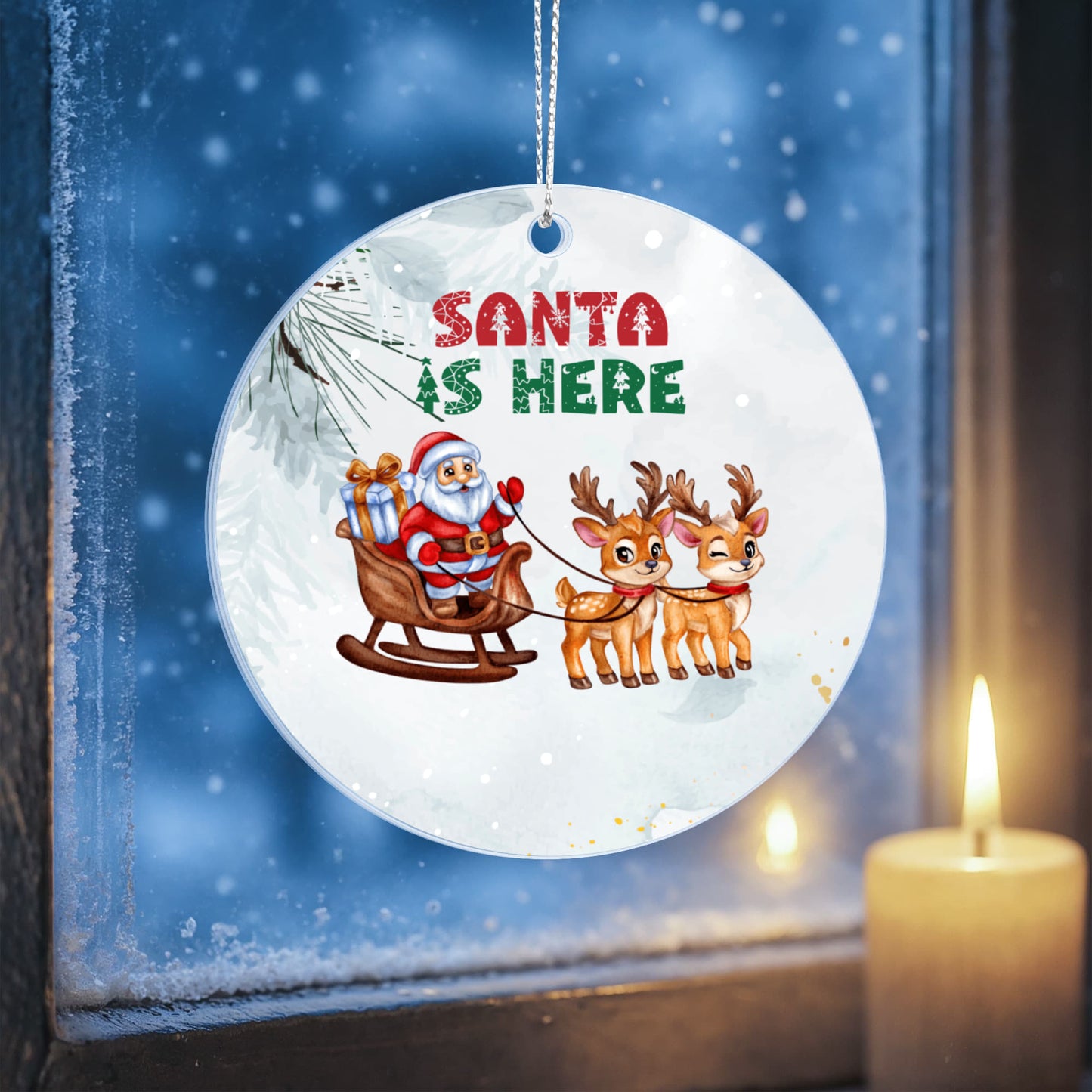 Santa Is Here Christmas Acrylic Circle Ornament