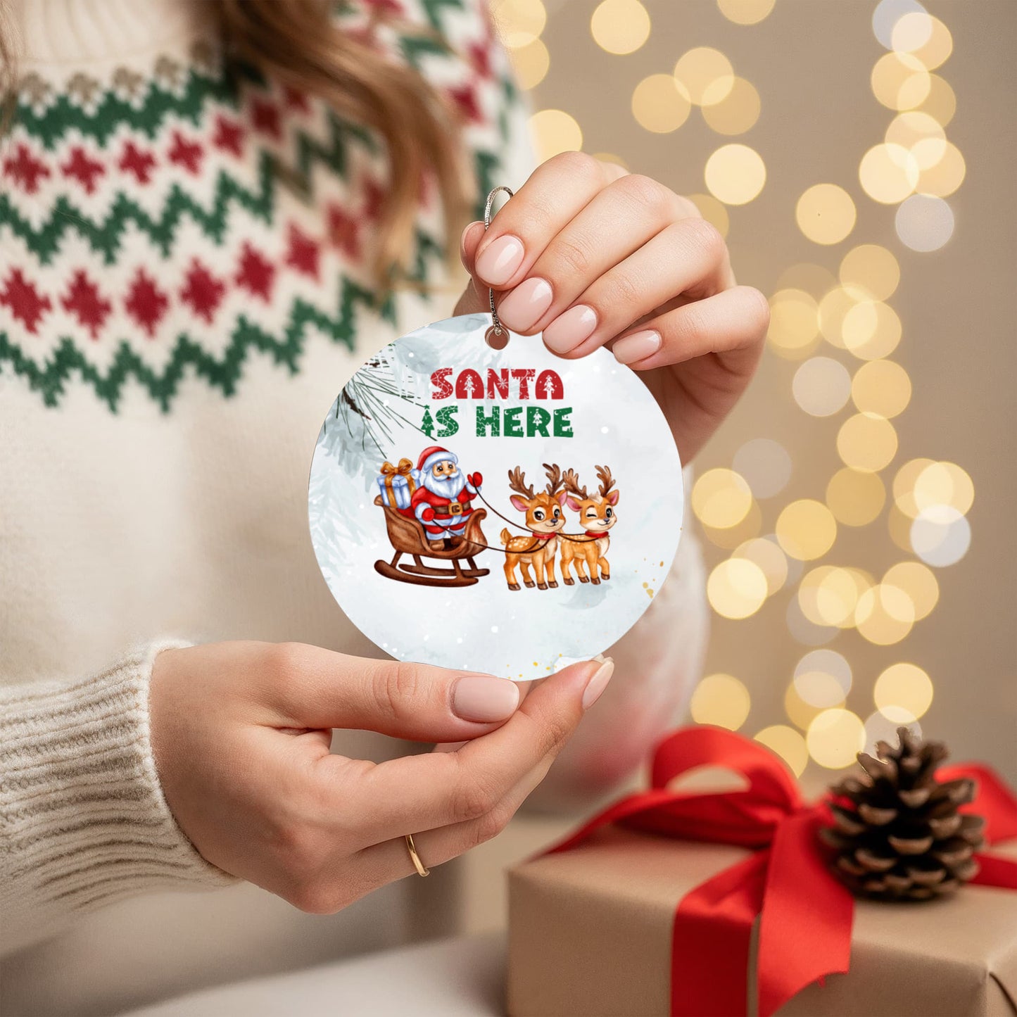 Santa Is Here Christmas Acrylic Circle Ornament