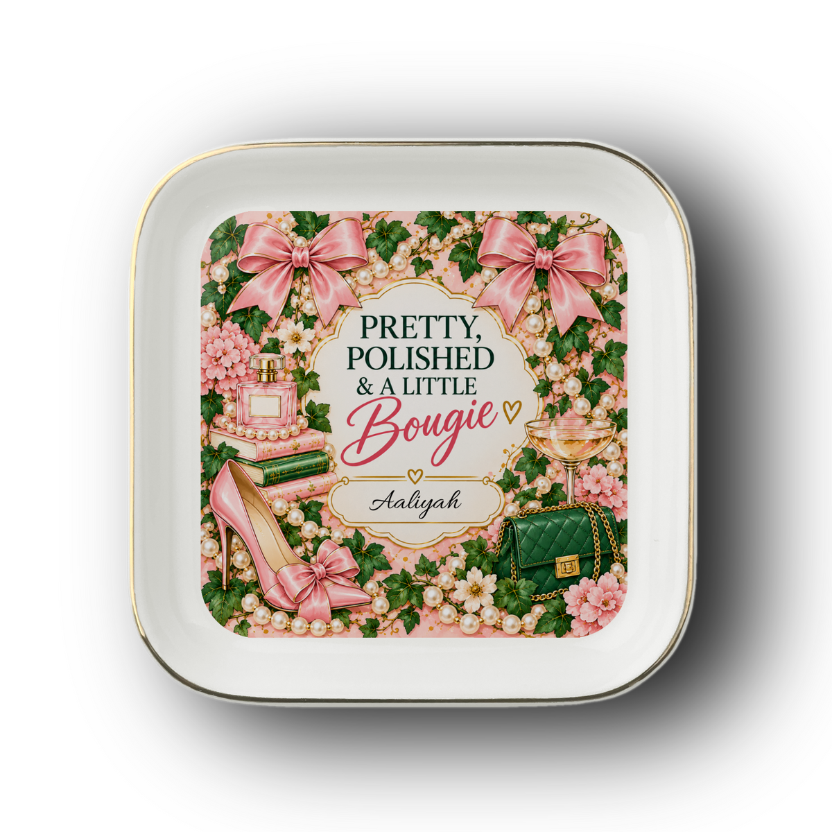Personalized Jewelry Dish, Pretty Polished & Bougie Gift for Her, Custom Name Trinket Tray, Pink Green Jewelry Holder