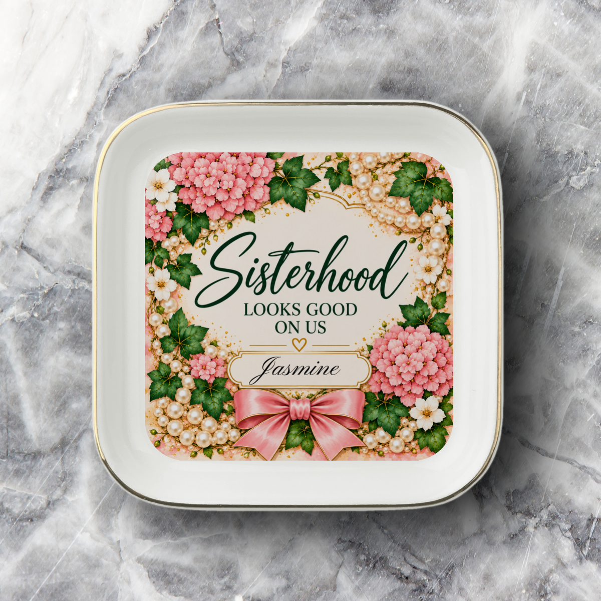 Personalized Sisterhood Jewelry Dish, Pretty Polished Bougie Gift, Pink and Green Jewelry Tray, Personalized Best Friend Gift