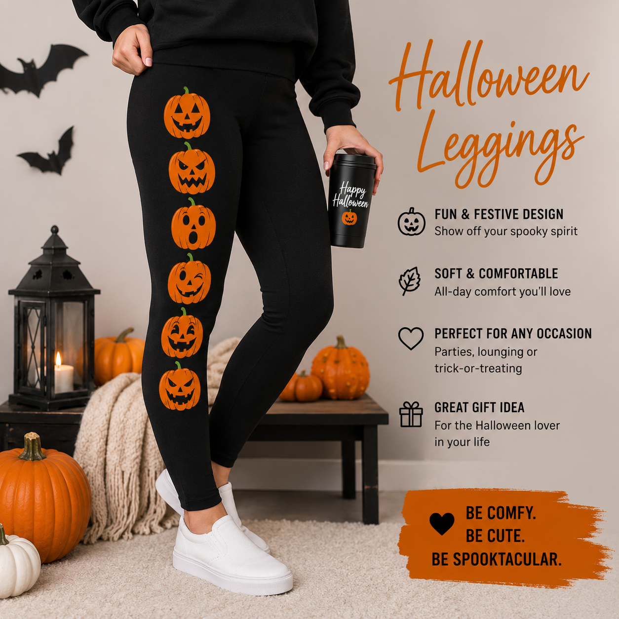 Halloween Pumpkin Face Leggings | Women's Black Jack-O'-Lantern Leggings